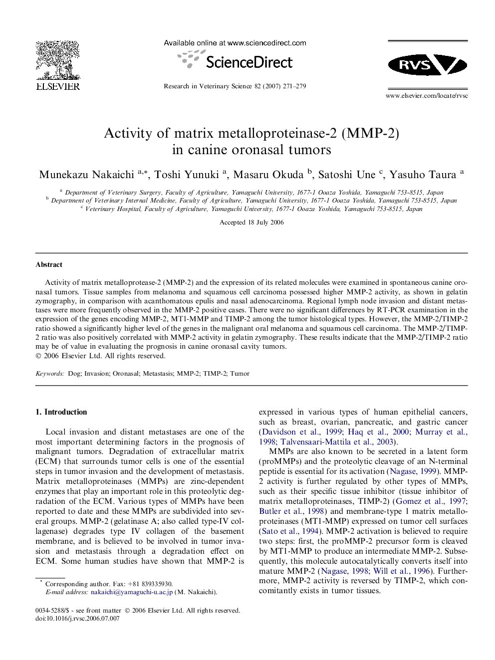 Activity of matrix metalloproteinase-2 (MMP-2) in canine oronasal tumors