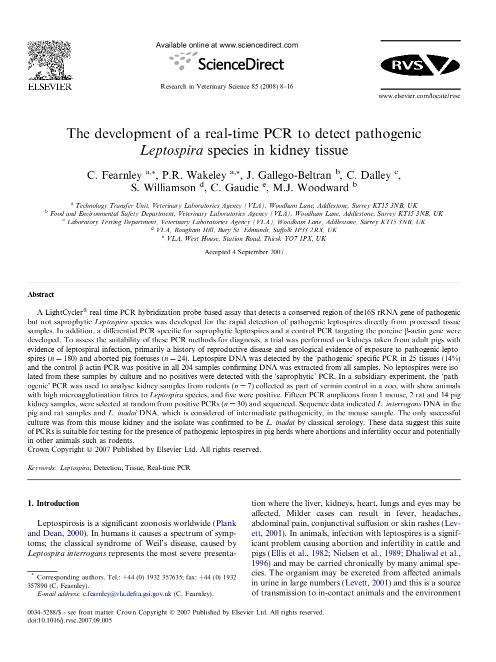 The development of a real-time PCR to detect pathogenic Leptospira species in kidney tissue