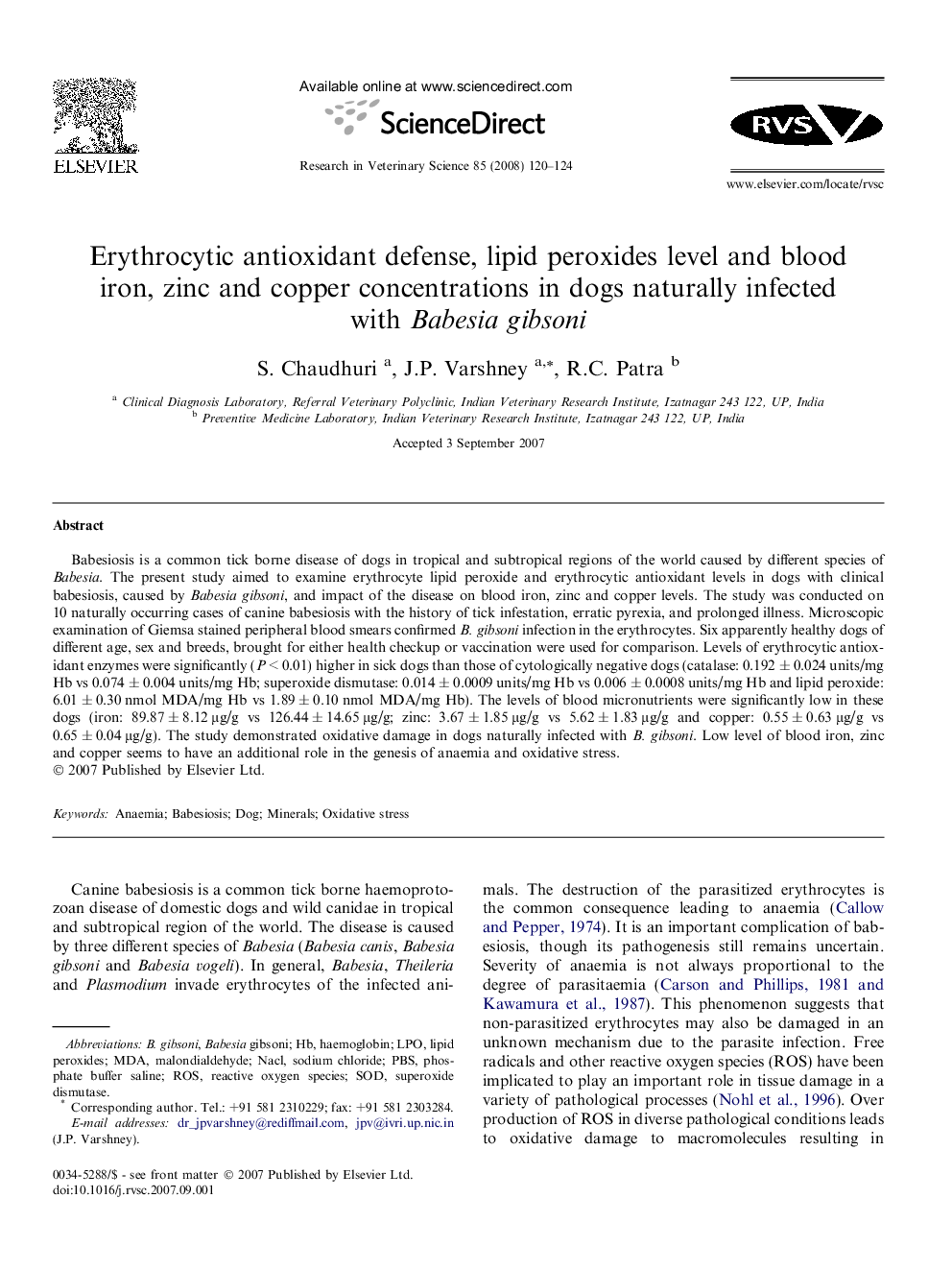 Erythrocytic antioxidant defense, lipid peroxides level and blood iron, zinc and copper concentrations in dogs naturally infected with Babesia gibsoni