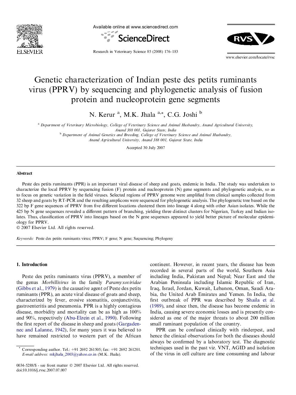 Genetic characterization of Indian peste des petits ruminants virus (PPRV) by sequencing and phylogenetic analysis of fusion protein and nucleoprotein gene segments