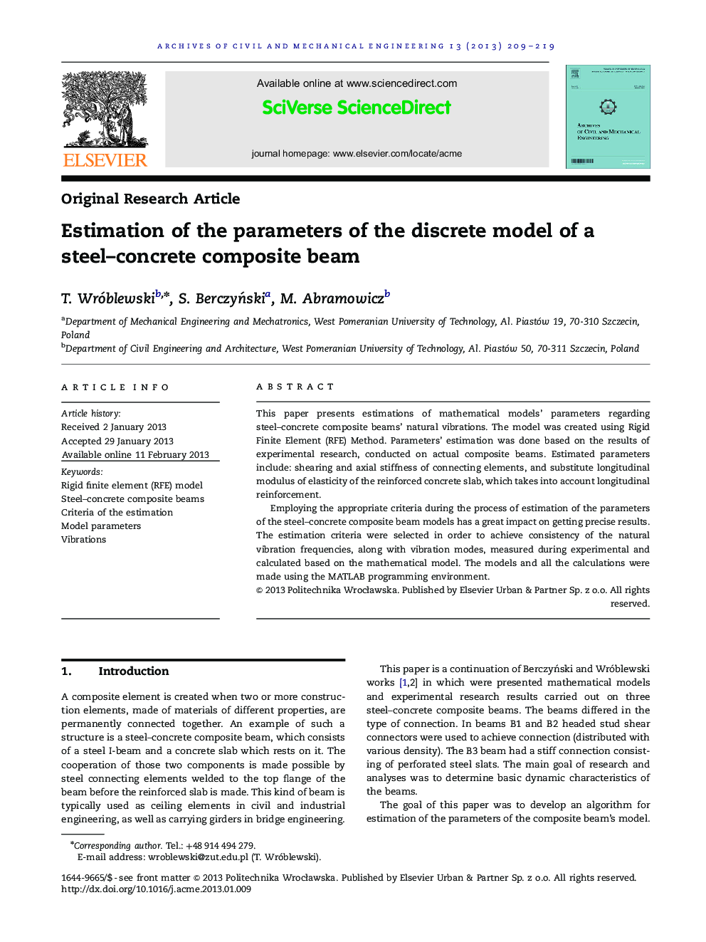 Estimation of the parameters of the discrete model of a steel–concrete composite beam