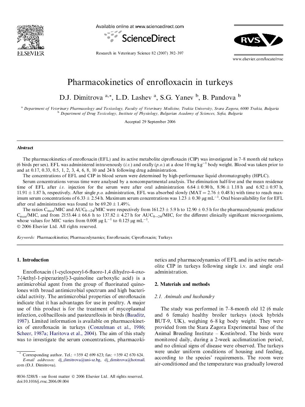 Pharmacokinetics of enrofloxacin in turkeys