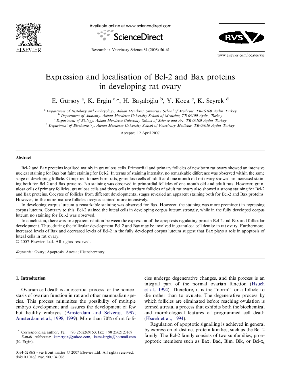 Expression and localisation of Bcl-2 and Bax proteins in developing rat ovary