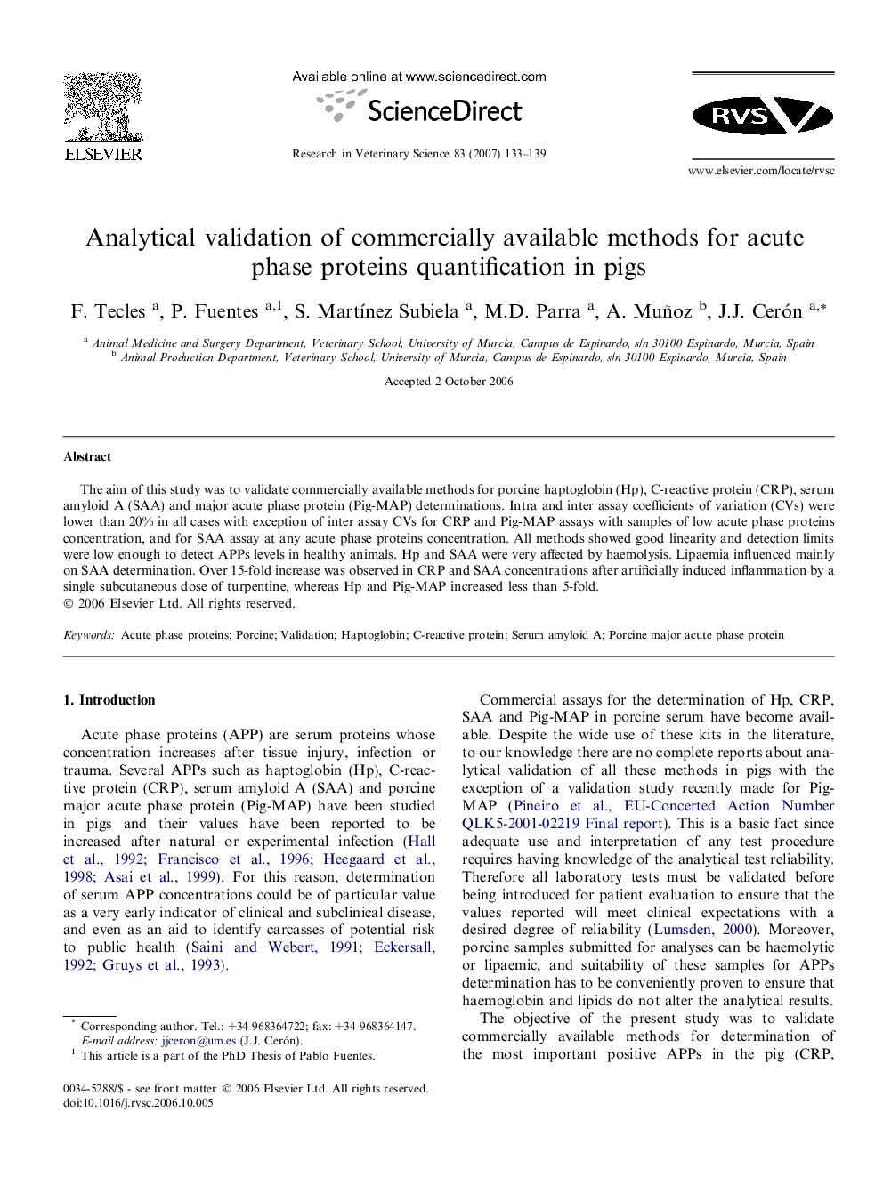 Analytical validation of commercially available methods for acute phase proteins quantification in pigs