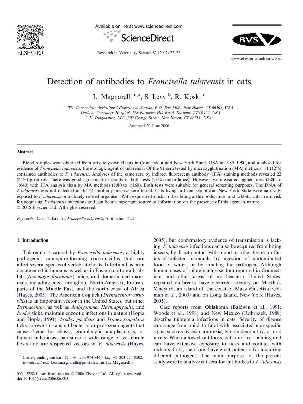 Detection of antibodies to Francisella tularensis in cats