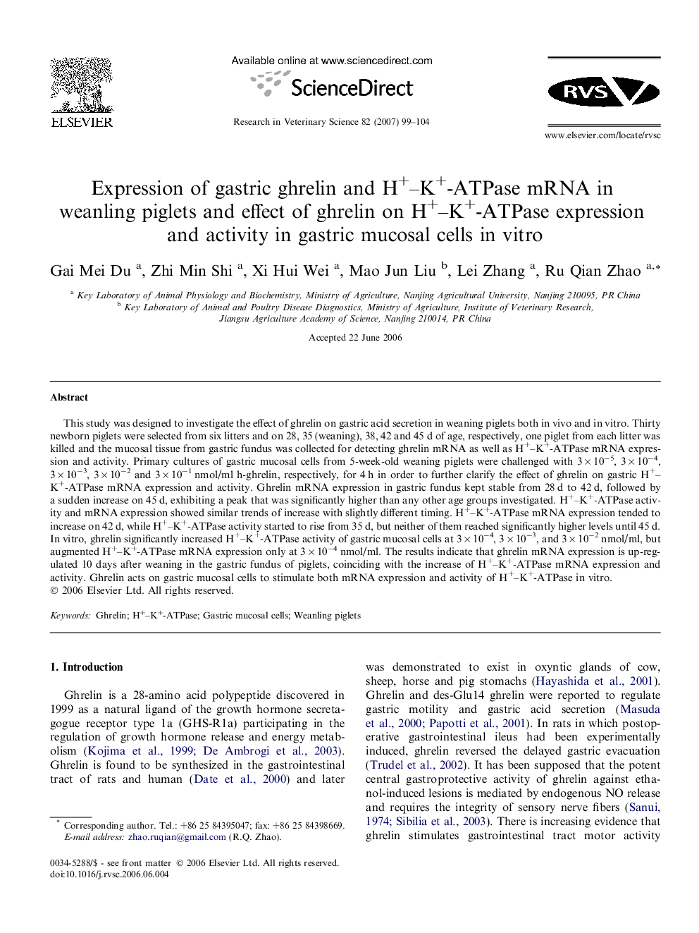 Expression of gastric ghrelin and H+–K+-ATPase mRNA in weanling piglets and effect of ghrelin on H+–K+-ATPase expression and activity in gastric mucosal cells in vitro