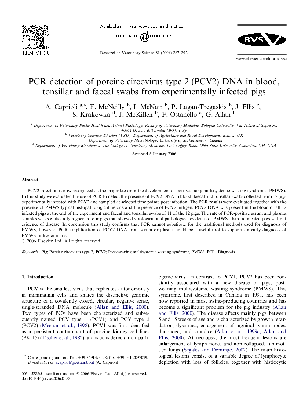 PCR detection of porcine circovirus type 2 (PCV2) DNA in blood, tonsillar and faecal swabs from experimentally infected pigs