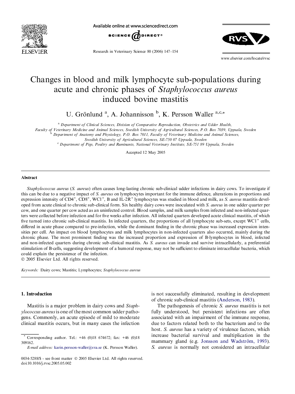 Changes in blood and milk lymphocyte sub-populations during acute and chronic phases of Staphylococcus aureus induced bovine mastitis