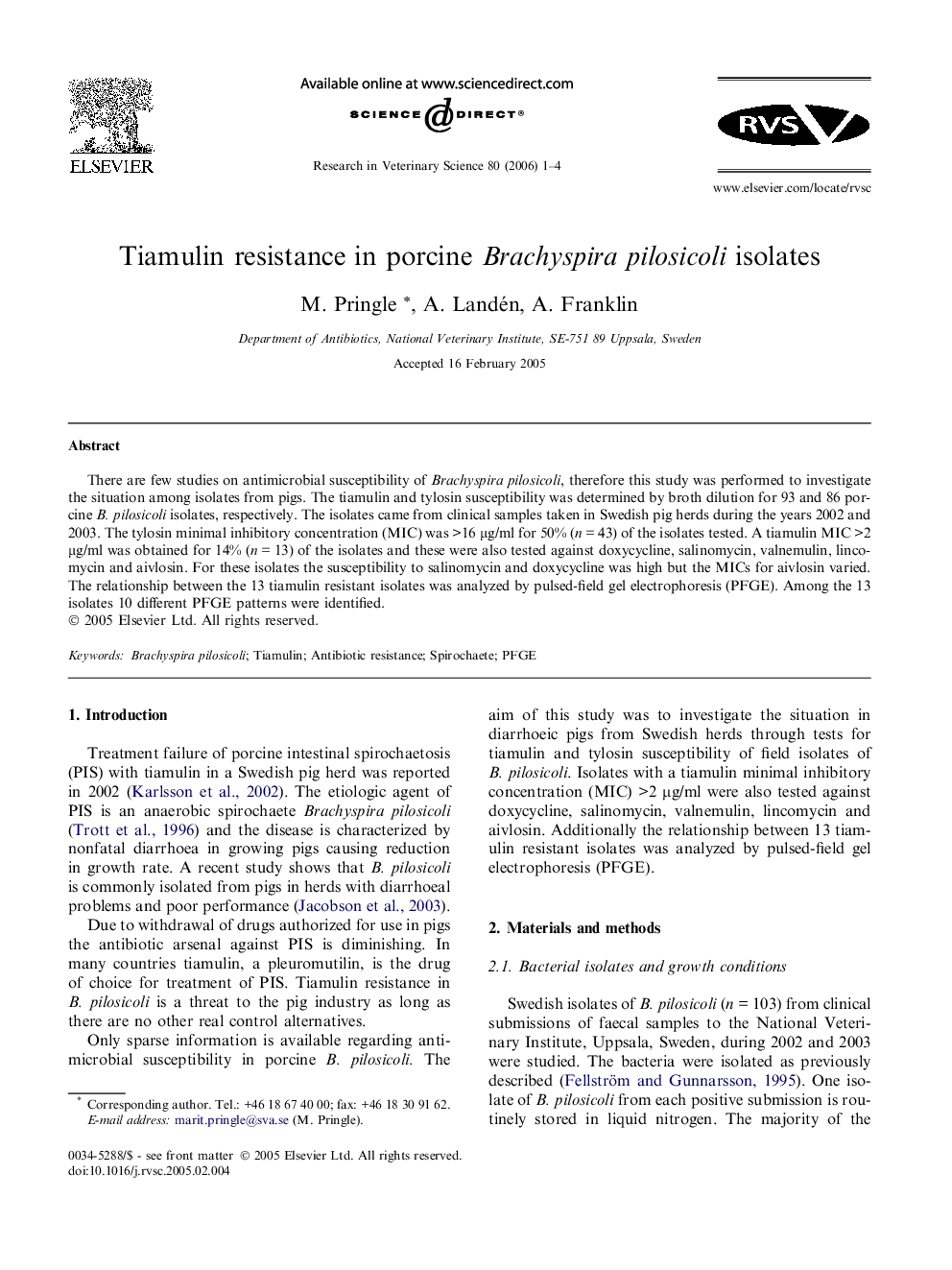 Tiamulin resistance in porcine Brachyspira pilosicoli isolates