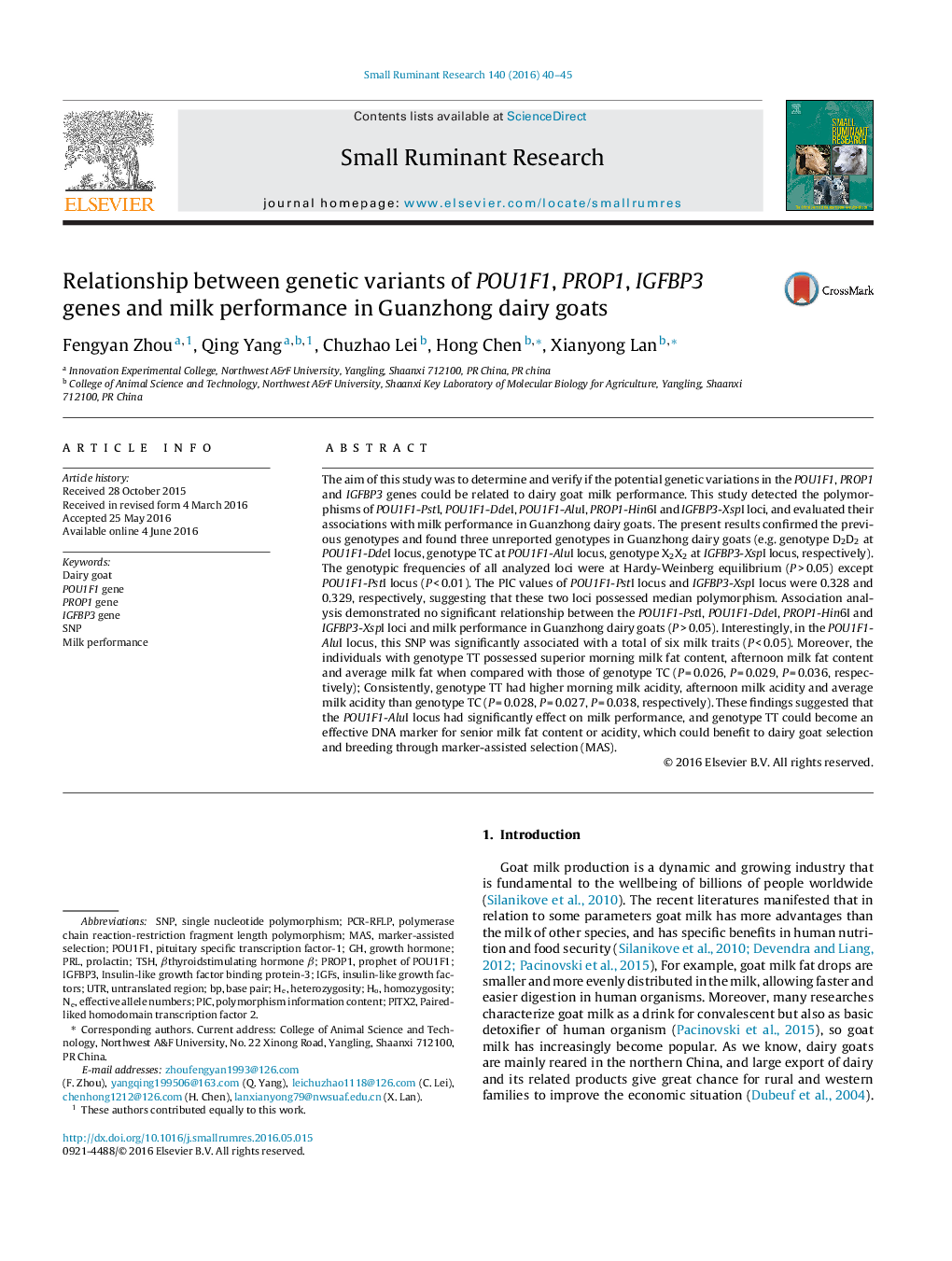 Relationship between genetic variants of POU1F1, PROP1, IGFBP3 genes and milk performance in Guanzhong dairy goats