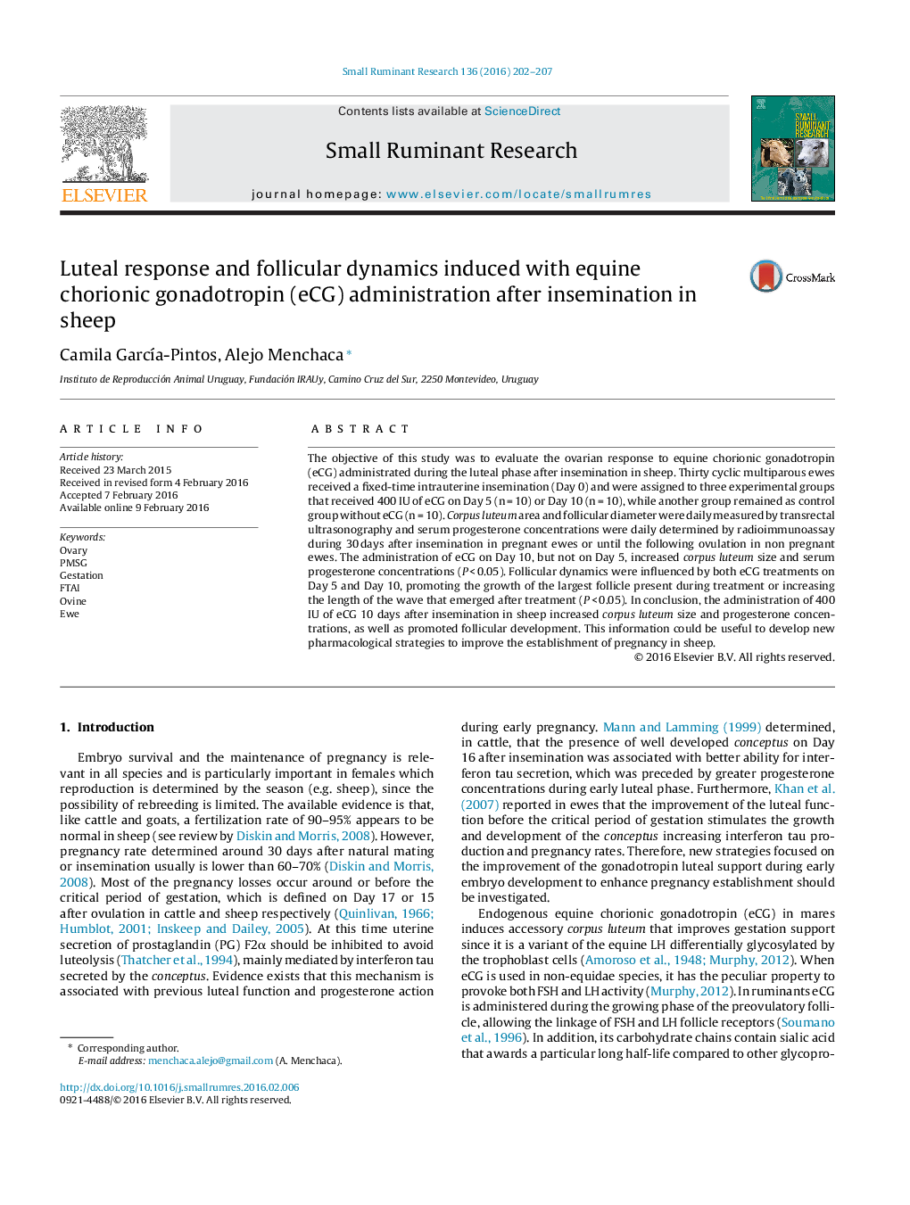 Luteal response and follicular dynamics induced with equine chorionic gonadotropin (eCG) administration after insemination in sheep