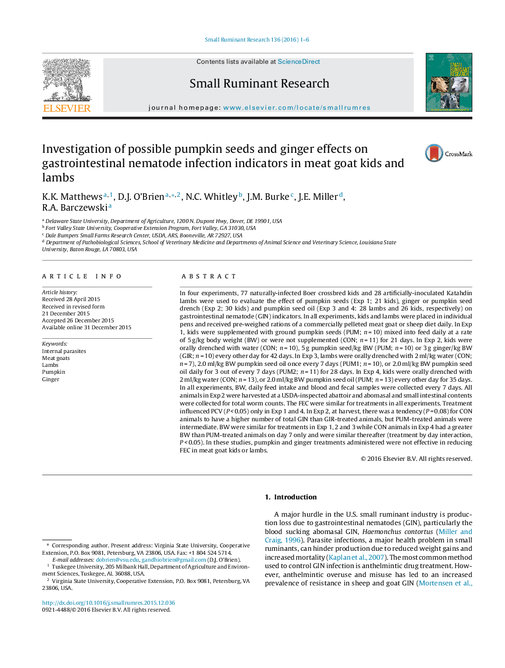 Investigation of possible pumpkin seeds and ginger effects on gastrointestinal nematode infection indicators in meat goat kids and lambs