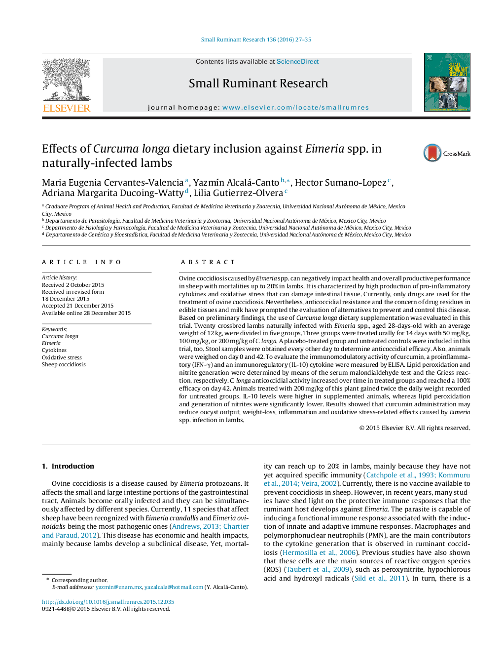 Effects of Curcuma longa dietary inclusion against Eimeria spp. in naturally-infected lambs