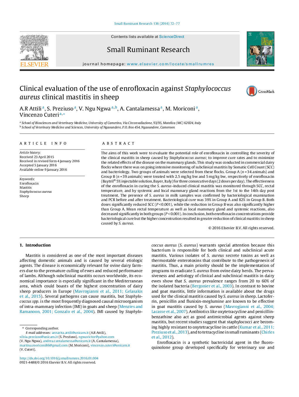 Clinical evaluation of the use of enrofloxacin against Staphylococcus aureus clinical mastitis in sheep