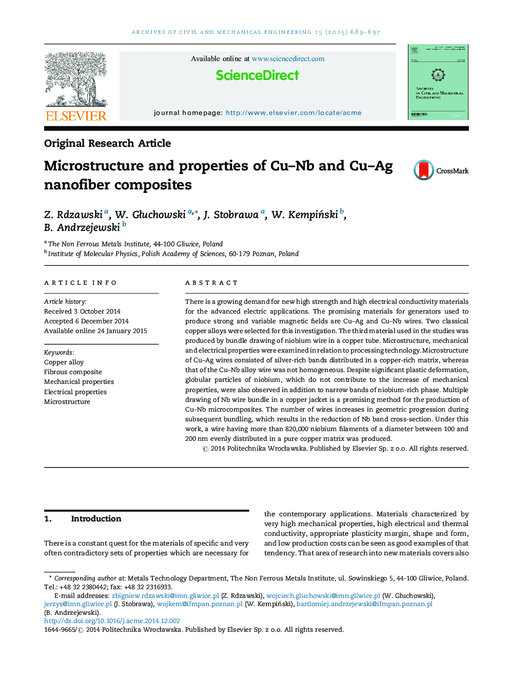 Microstructure and properties of Cu–Nb and Cu–Ag nanofiber composites