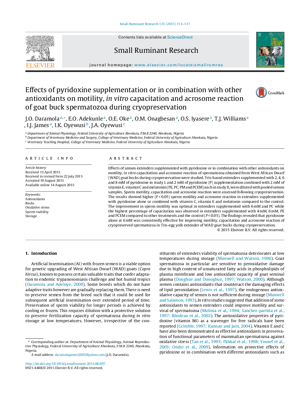 Effects of pyridoxine supplementation or in combination with other antioxidants on motility, in vitro capacitation and acrosome reaction of goat buck spermatozoa during cryopreservation