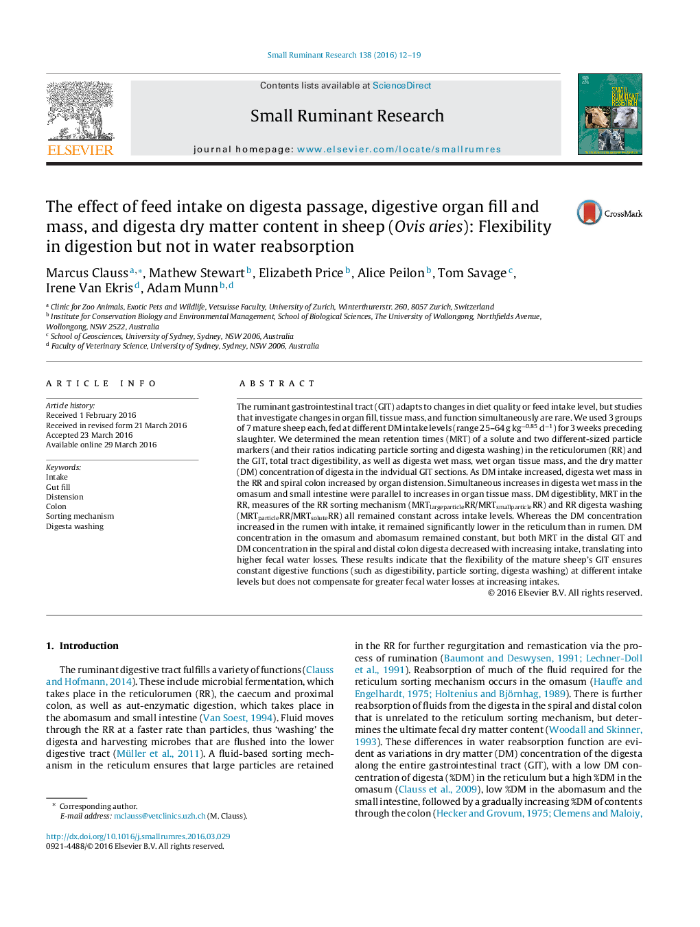 عکس صفحه اول مقاله: The effect of feed intake on digesta passage, digestive organ fill and mass, and digesta dry matter content in sheep (Ovis aries): Flexibility in digestion but not in water reabsorption The effect of feed intake on digesta passage, digestive organ fill and mass, and digesta dry matter content in sheep (Ovis aries): Flexibility in digestion but not in water reabsorption