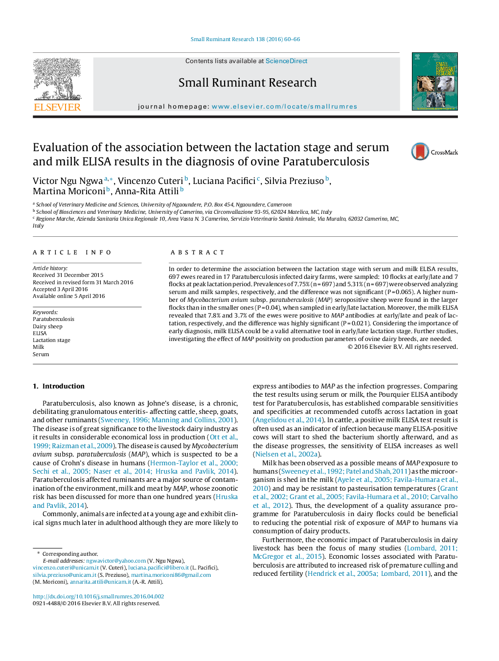 Evaluation of the association between the lactation stage and serum and milk ELISA results in the diagnosis of ovine Paratuberculosis