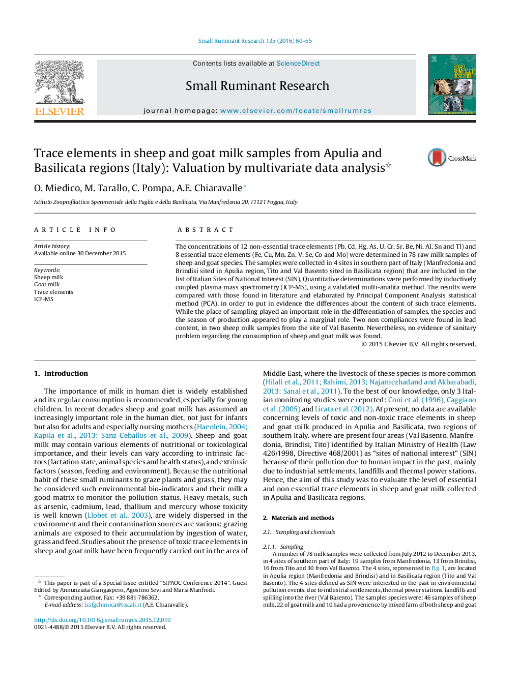 Trace elements in sheep and goat milk samples from Apulia and Basilicata regions (Italy): Valuation by multivariate data analysis 