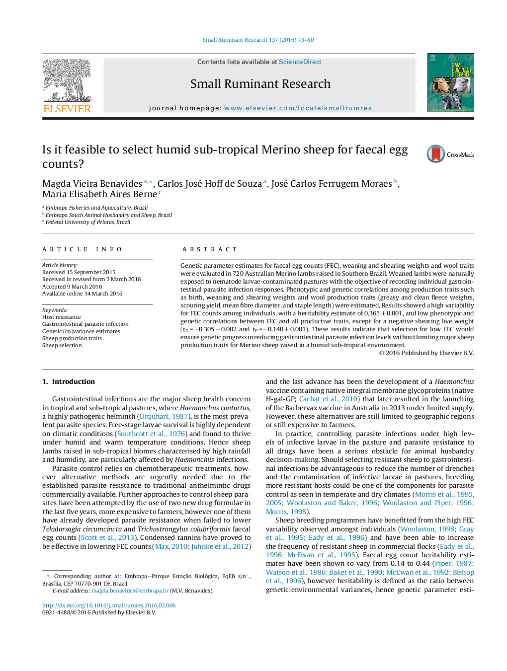 Is it feasible to select humid sub-tropical Merino sheep for faecal egg counts?