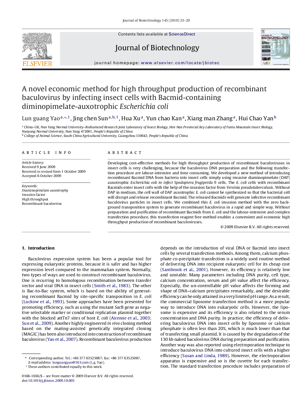 A novel economic method for high throughput production of recombinant baculovirus by infecting insect cells with Bacmid-containing diminopimelate-auxotrophic Escherichia coli