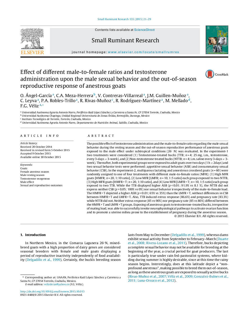 Effect of different male-to-female ratios and testosterone administration upon the male sexual behavior and the out-of-season reproductive response of anestrous goats