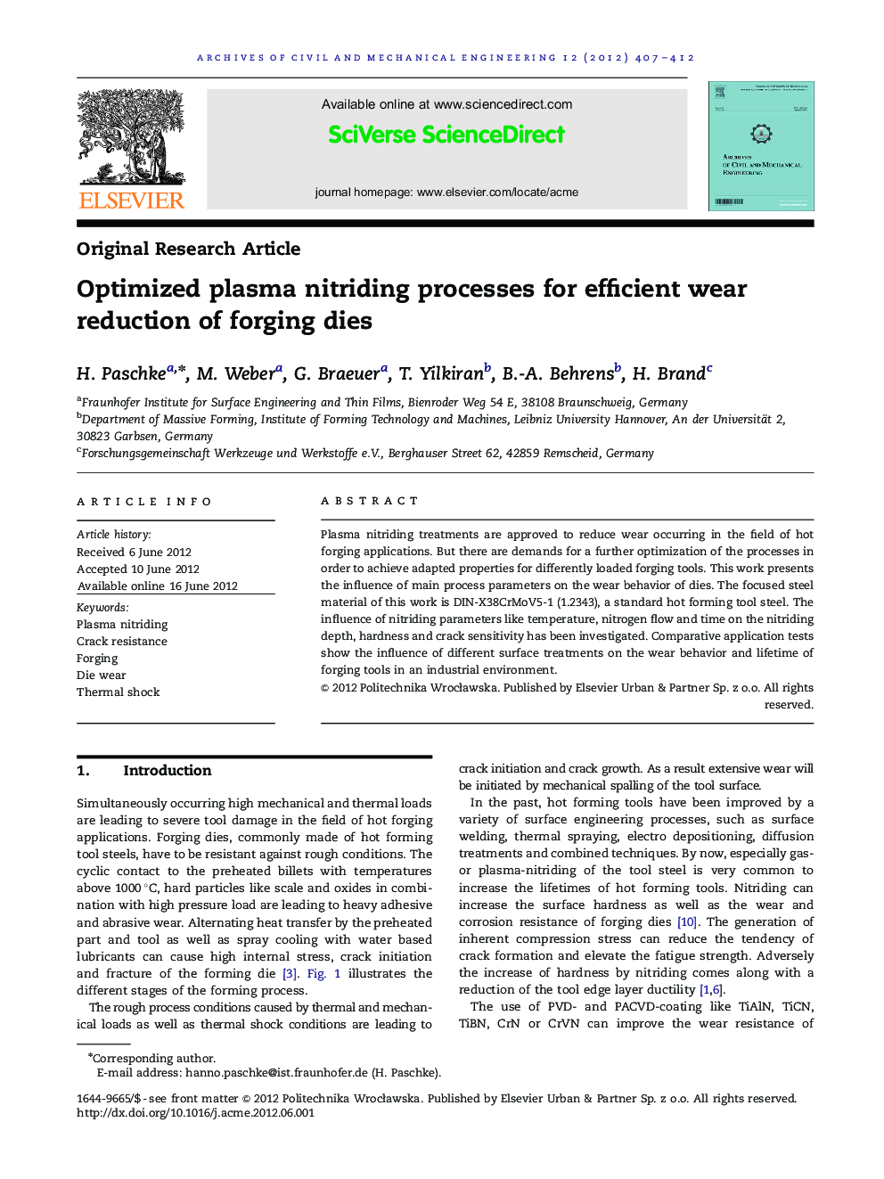 Optimized plasma nitriding processes for efficient wear reduction of forging dies