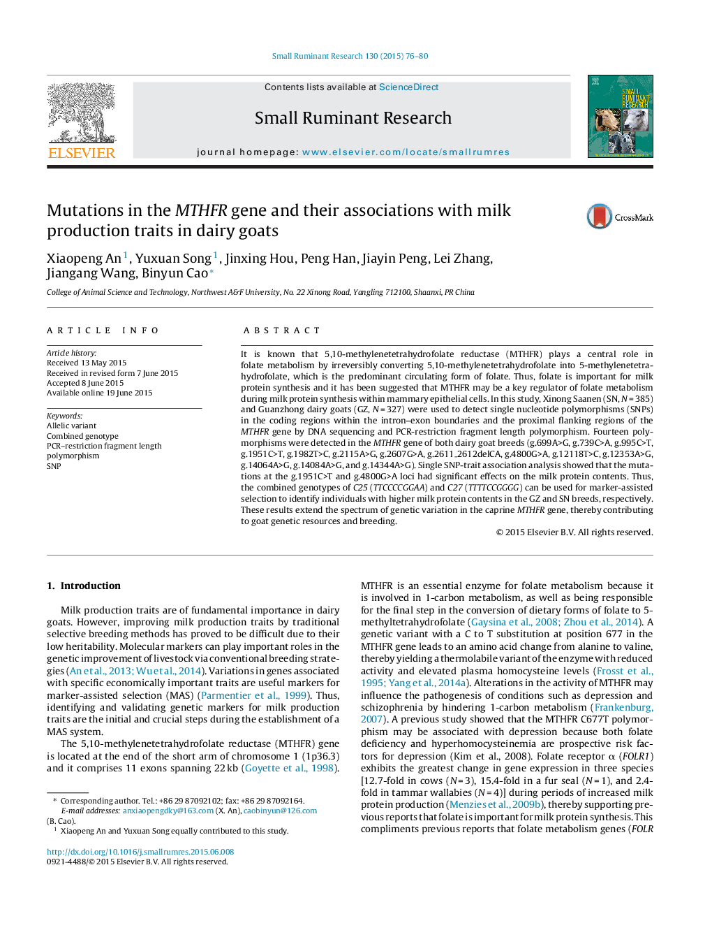 Mutations in the MTHFR gene and their associations with milk production traits in dairy goats