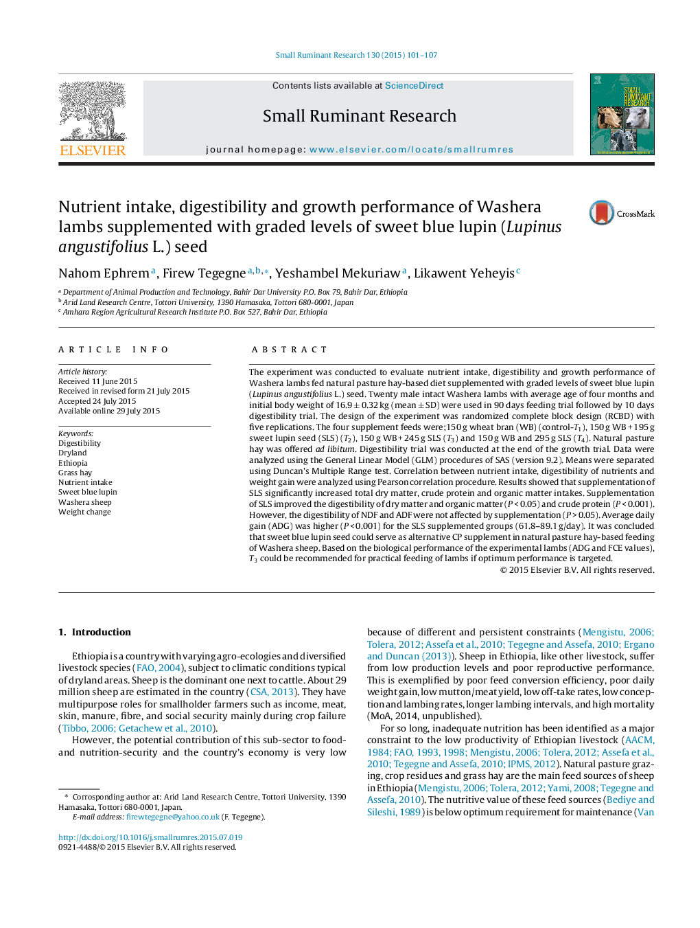 Nutrient intake, digestibility and growth performance of Washera lambs supplemented with graded levels of sweet blue lupin (Lupinus angustifolius L.) seed