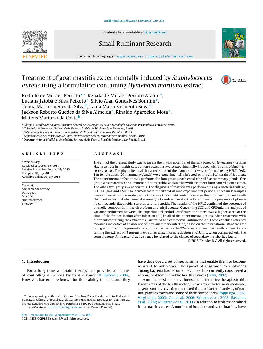 Treatment of goat mastitis experimentally induced by Staphylococcus aureus using a formulation containing Hymenaea martiana extract