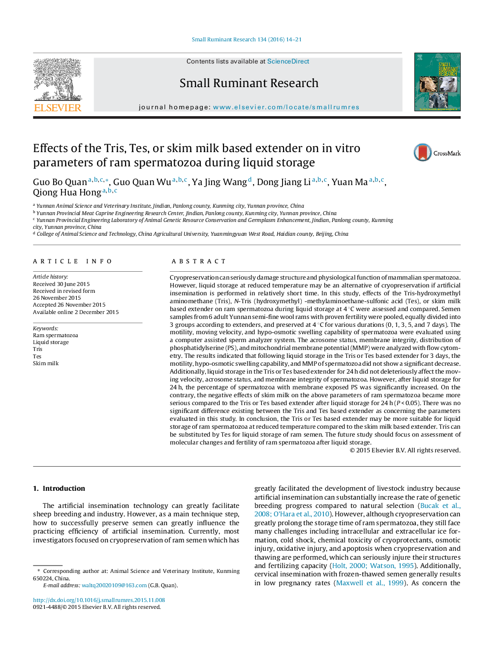 Effects of the Tris, Tes, or skim milk based extender on in vitro parameters of ram spermatozoa during liquid storage