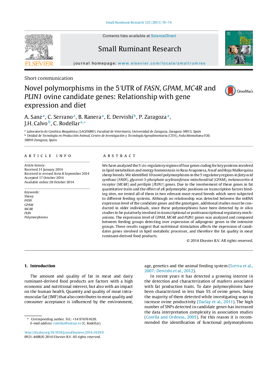 Novel polymorphisms in the 5′UTR of FASN, GPAM, MC4R and PLIN1 ovine candidate genes: Relationship with gene expression and diet