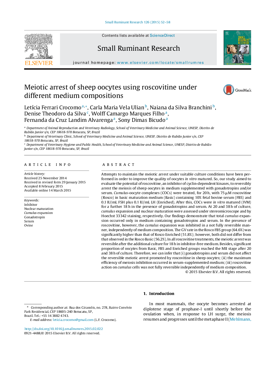 Meiotic arrest of sheep oocytes using roscovitine under different medium compositions