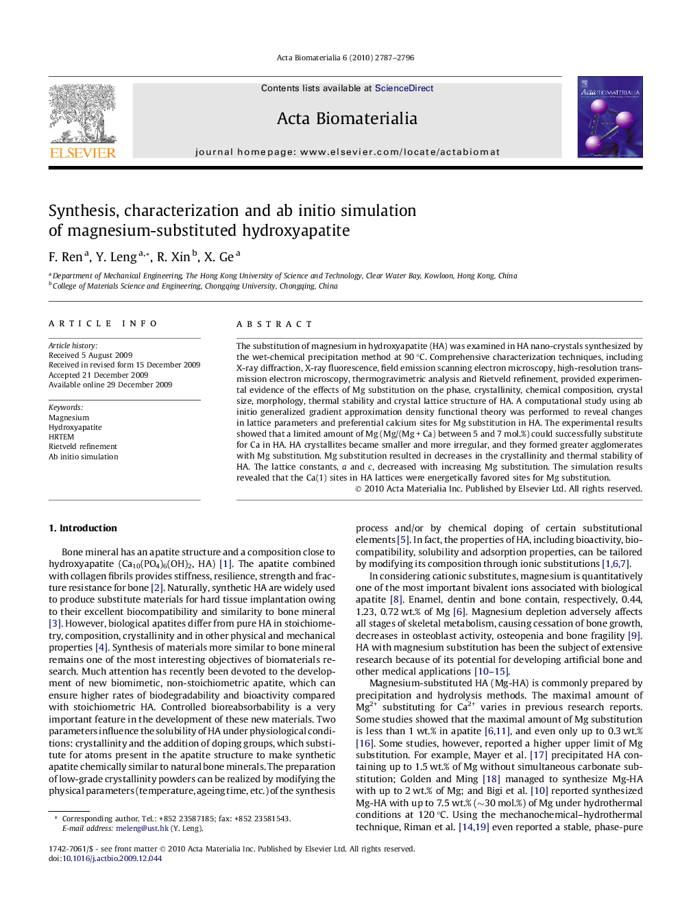 Synthesis, characterization and ab initio simulation of magnesium-substituted hydroxyapatite