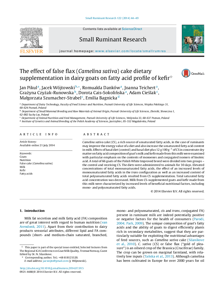 The effect of false flax (Camelina sativa) cake dietary supplementation in dairy goats on fatty acid profile of kefir 