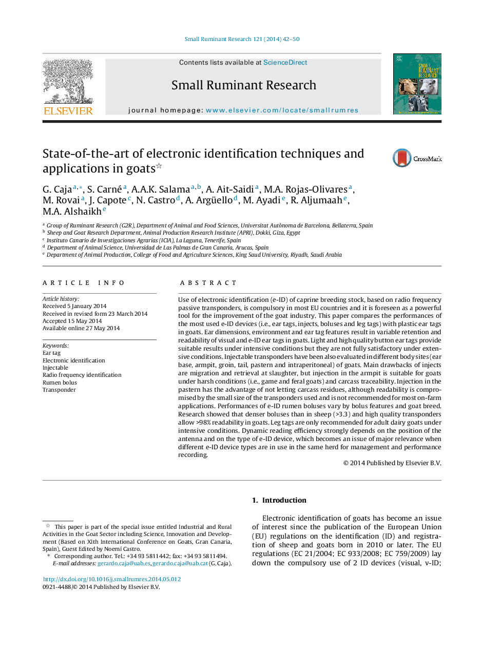 State-of-the-art of electronic identification techniques and applications in goats 