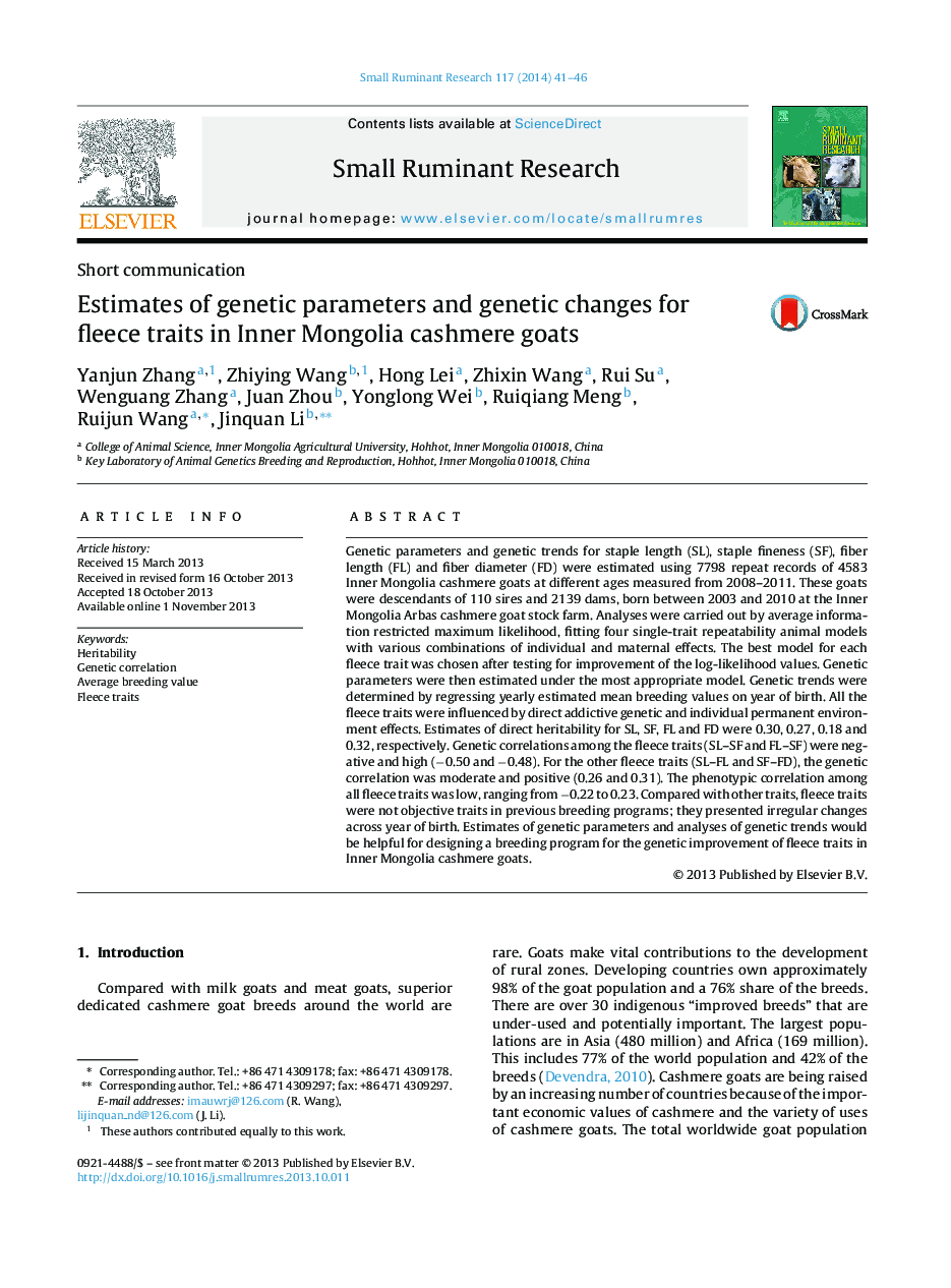 Estimates of genetic parameters and genetic changes for fleece traits in Inner Mongolia cashmere goats