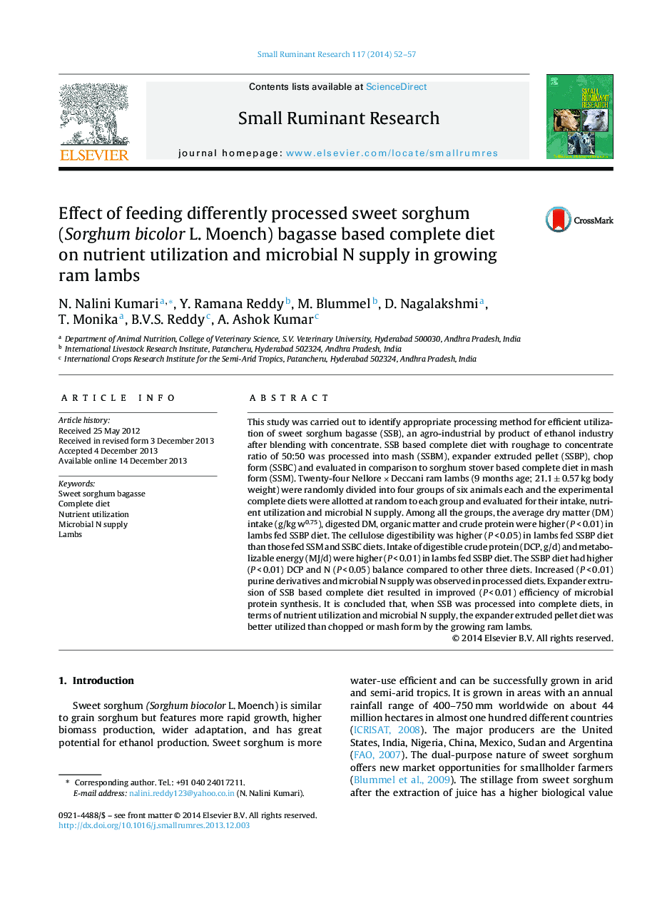 Effect of feeding differently processed sweet sorghum (Sorghum bicolor L. Moench) bagasse based complete diet on nutrient utilization and microbial N supply in growing ram lambs