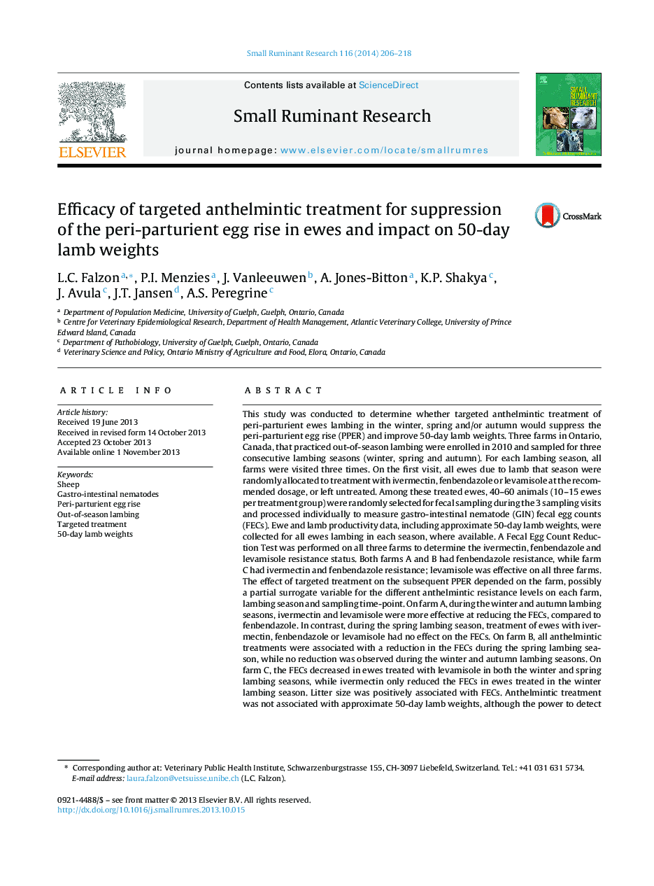 Efficacy of targeted anthelmintic treatment for suppression of the peri-parturient egg rise in ewes and impact on 50-day lamb weights