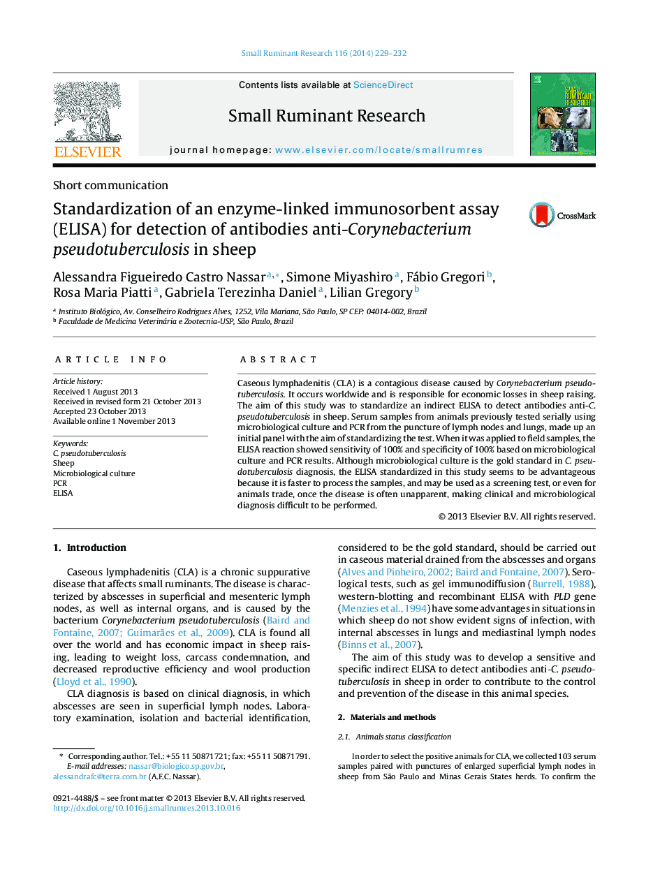 Standardization of an enzyme-linked immunosorbent assay (ELISA) for detection of antibodies anti-Corynebacterium pseudotuberculosis in sheep