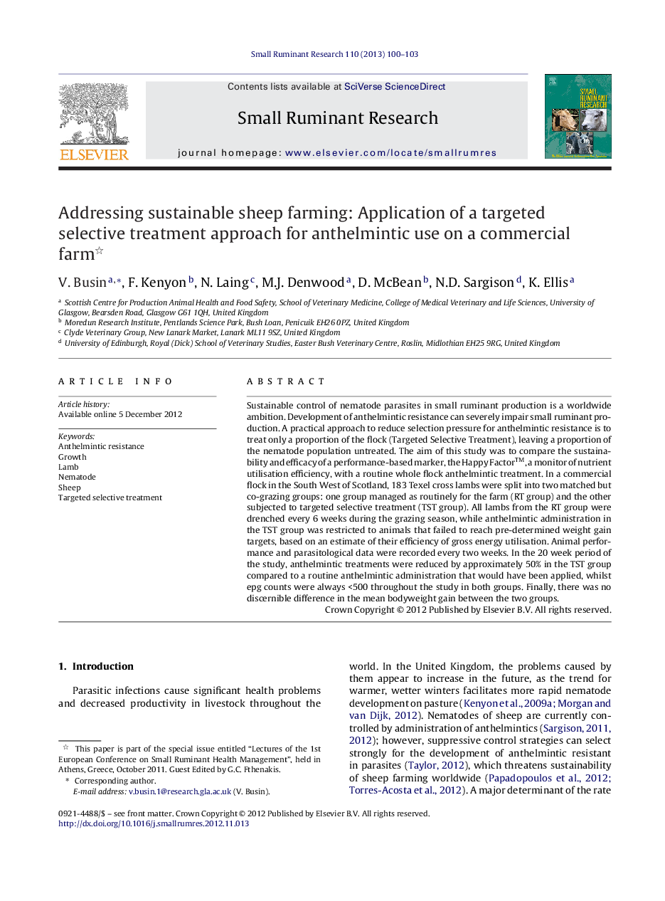 Addressing sustainable sheep farming: Application of a targeted selective treatment approach for anthelmintic use on a commercial farm 