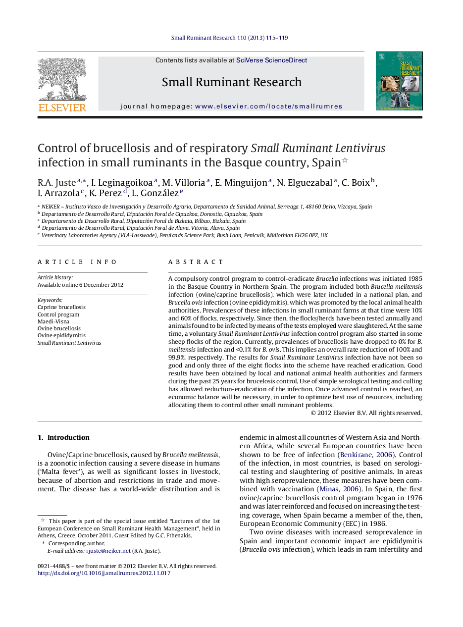 Control of brucellosis and of respiratory Small Ruminant Lentivirus infection in small ruminants in the Basque country, Spain 