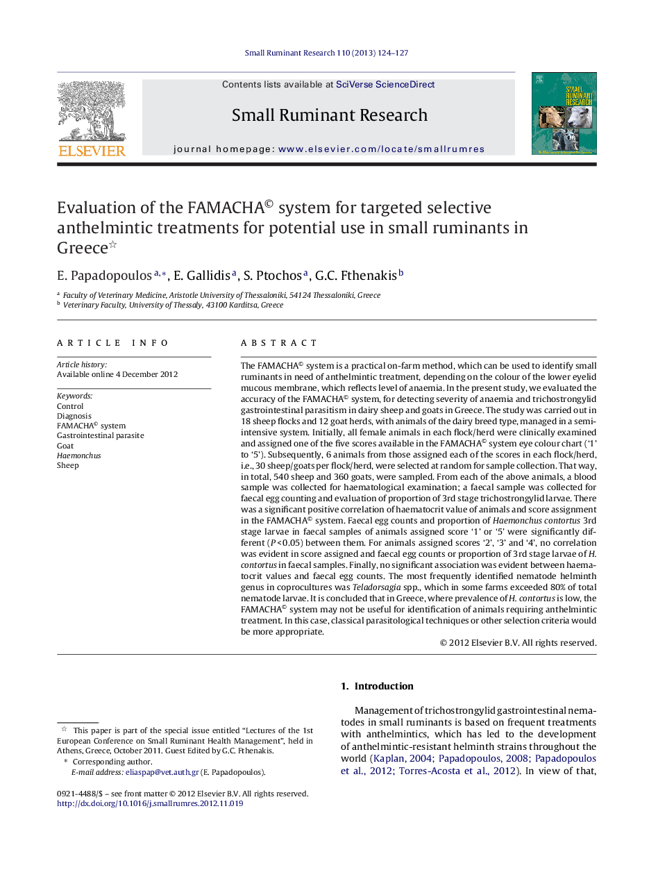 Evaluation of the FAMACHA© system for targeted selective anthelmintic treatments for potential use in small ruminants in Greece 