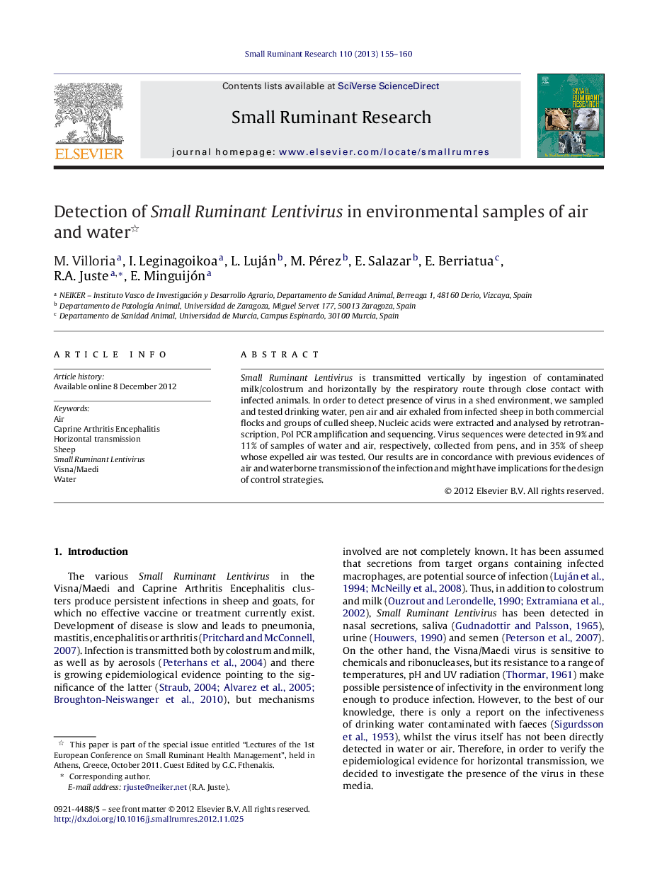 Detection of Small Ruminant Lentivirus in environmental samples of air and water 