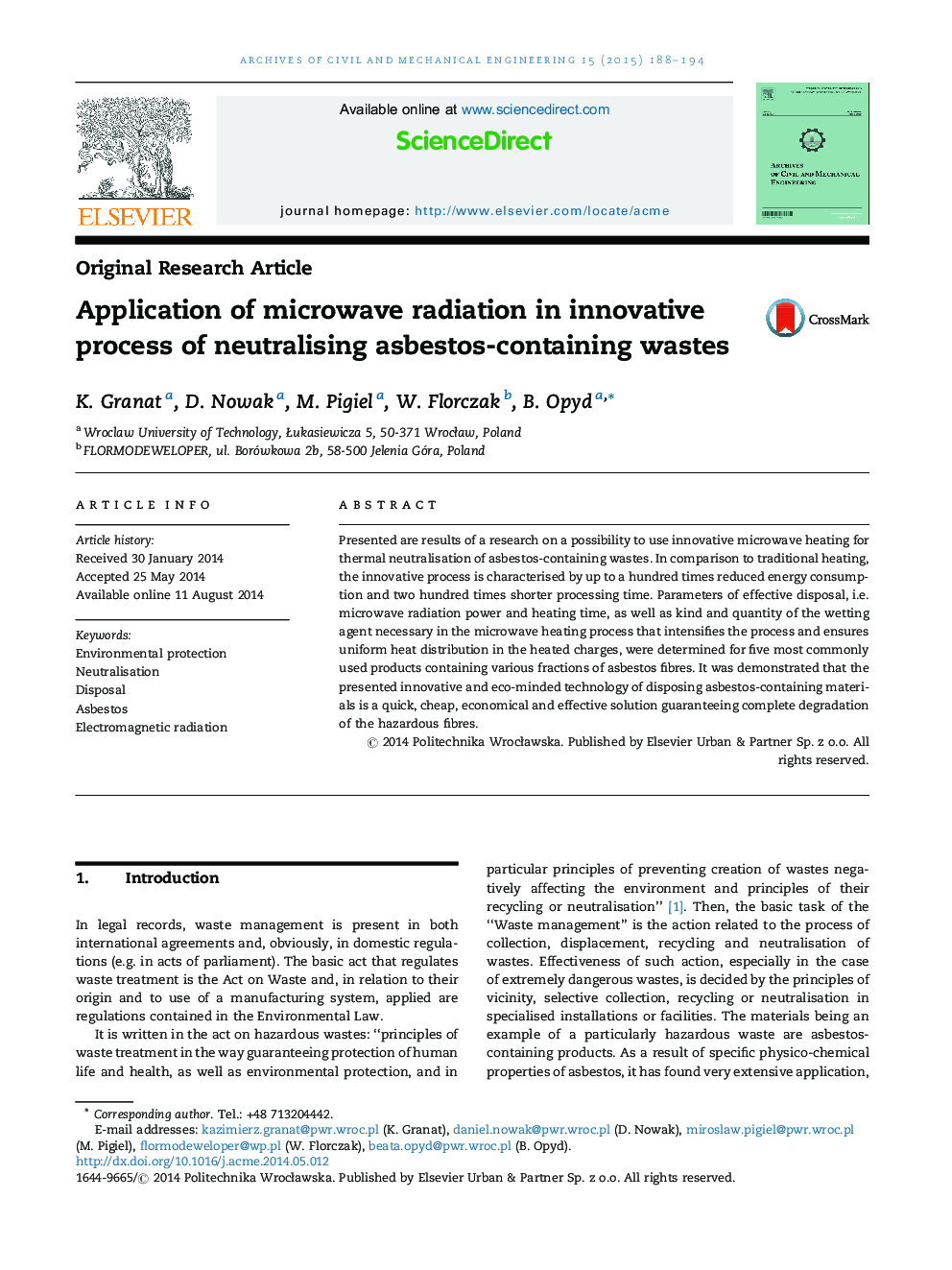 Application of microwave radiation in innovative process of neutralising asbestos-containing wastes