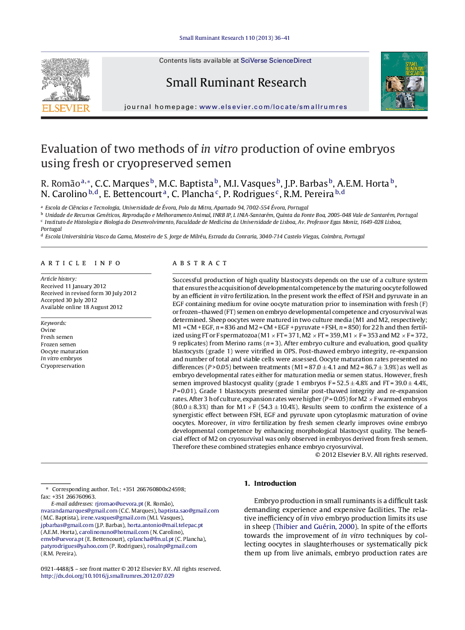 Evaluation of two methods of in vitro production of ovine embryos using fresh or cryopreserved semen