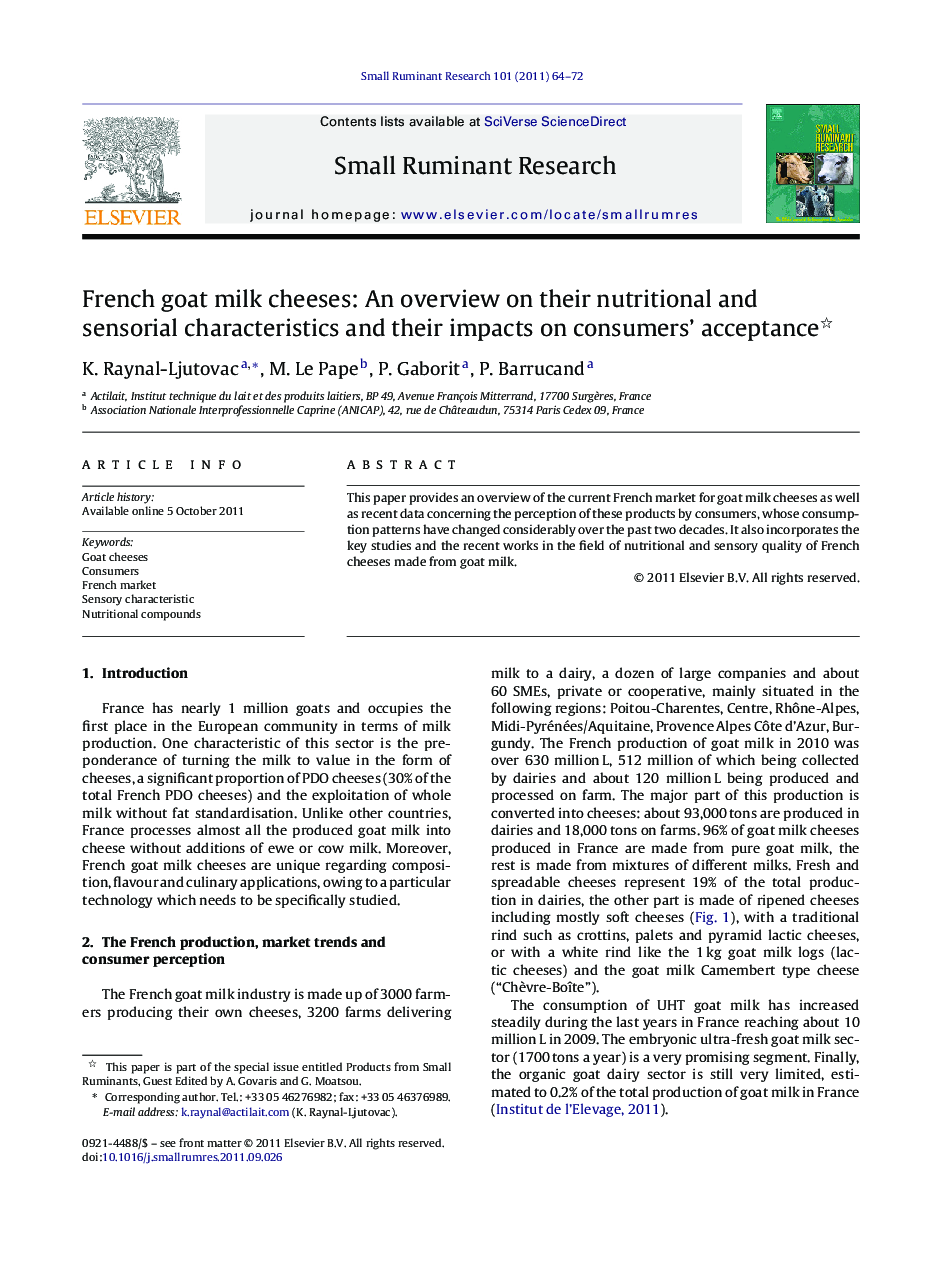 French goat milk cheeses: An overview on their nutritional and sensorial characteristics and their impacts on consumers’ acceptance 