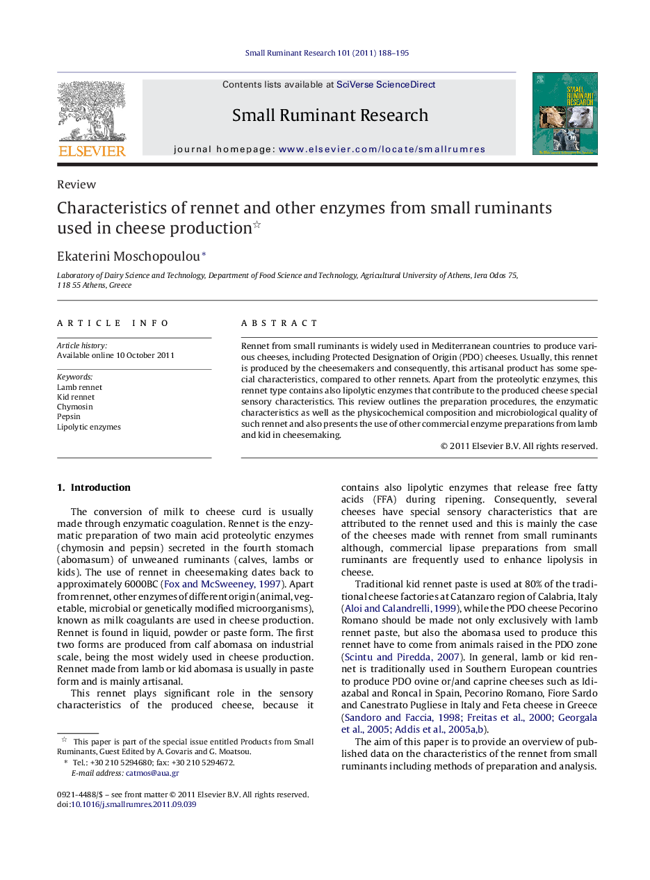 Characteristics of rennet and other enzymes from small ruminants used in cheese production 