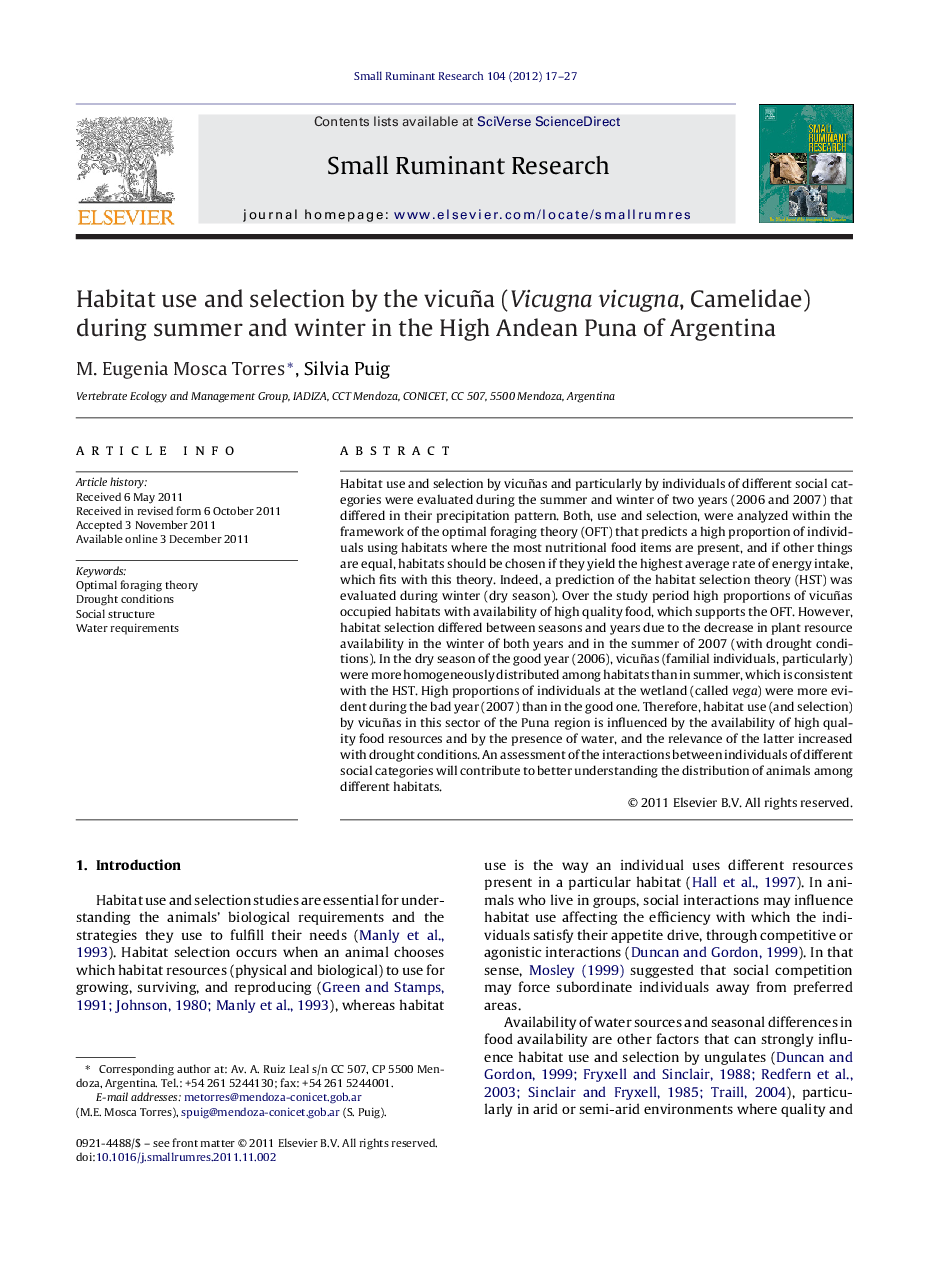 Habitat use and selection by the vicuña (Vicugna vicugna, Camelidae) during summer and winter in the High Andean Puna of Argentina