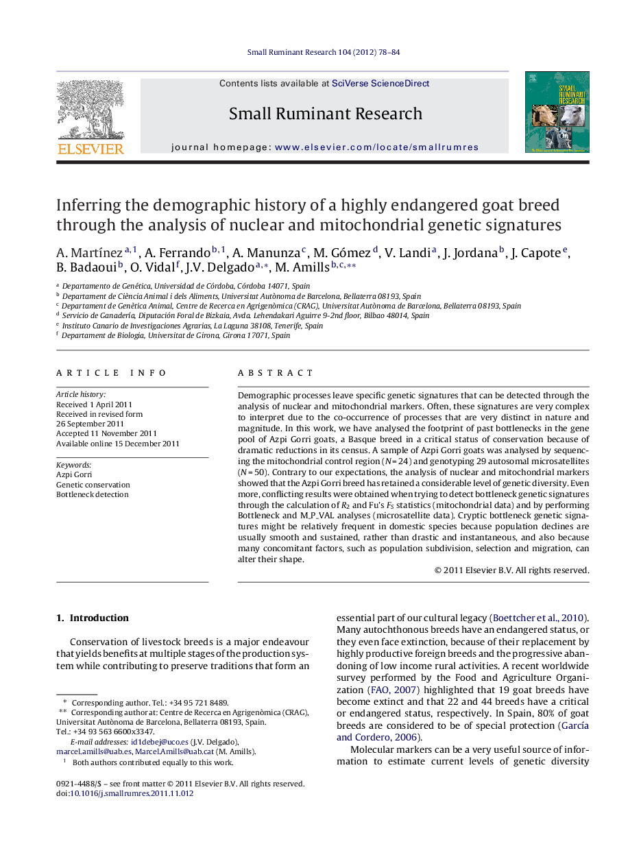 Inferring the demographic history of a highly endangered goat breed through the analysis of nuclear and mitochondrial genetic signatures